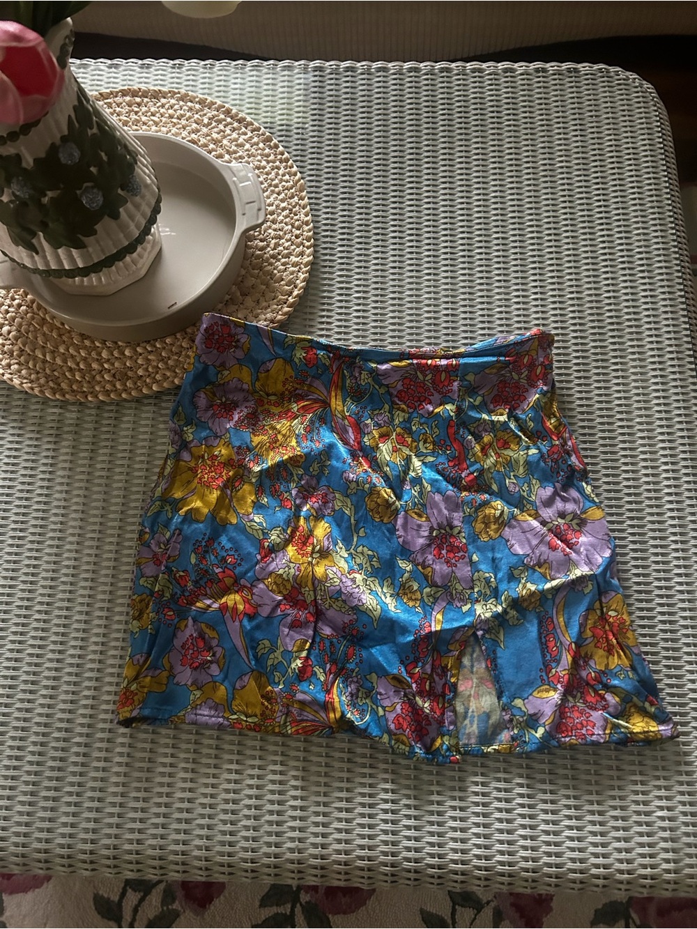 Topshop Bright Blue Floral Mini Skirt with Yellow & Purple Blooms